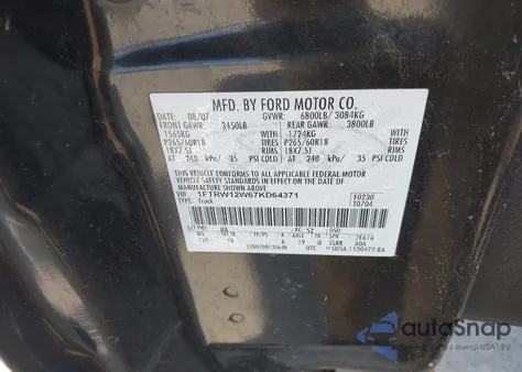 2007 Ford F-150 Xlt из США, поврежденный, VIN 1FTRW12W67KD64371